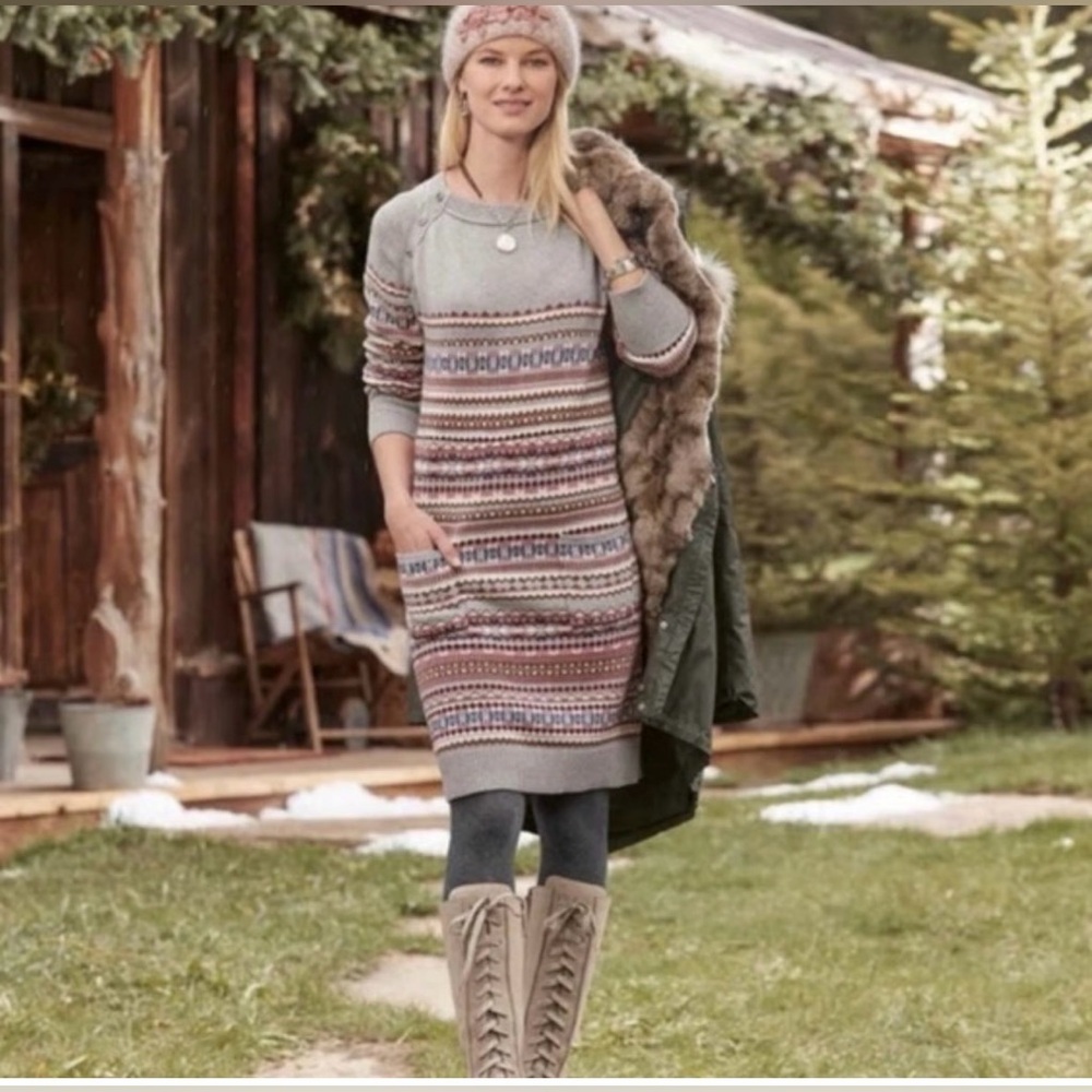 Sundance Elise Lighthouse Fair Isle Sweater Dress Wool Blend Grey Size L